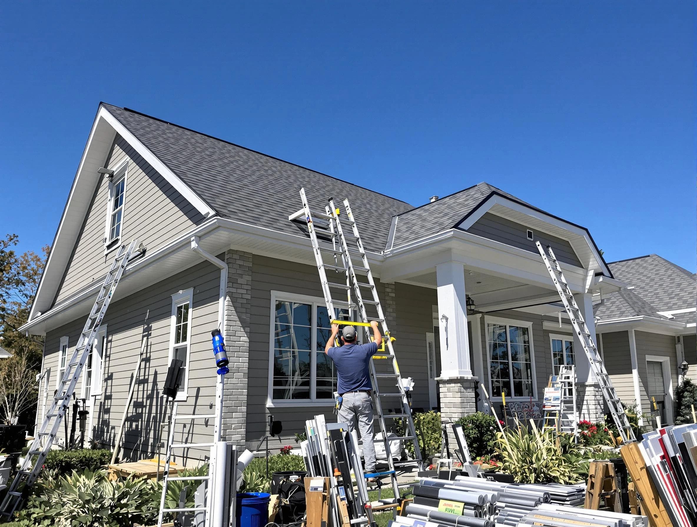 Maple Heights Roofing Company fitting rain gutters at a home in Maple Heights, OH